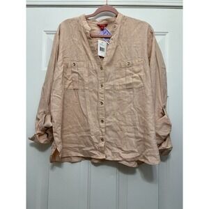 Guess Linen Button Up Shirt Womens XL Pink‎ Beachy Coastal Lagenlook Boho